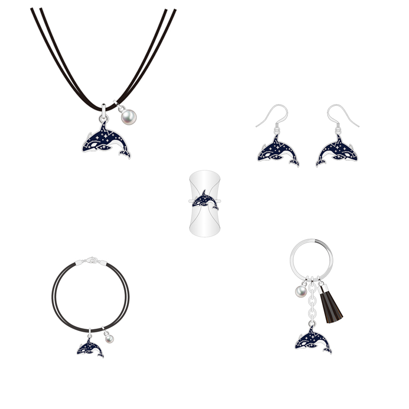Simple Classic Design Black and White Pearl Dolphins Jewelry Set 